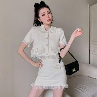 Set: Short-sleeve Fray Hem Jacket + Mini Pencil Skirt