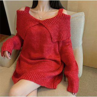 Cold-shoulder Mini Sweater Dress Red - One Size