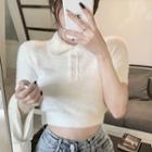 Short-sleeve Plain Cropped Polo Knit Top