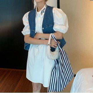 Embroidered Puff Short-sleeve Shirt Dress / Denim Vest