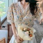Puff Sleeve V-neck Lace Trim Floral Print Embroidered Blouse