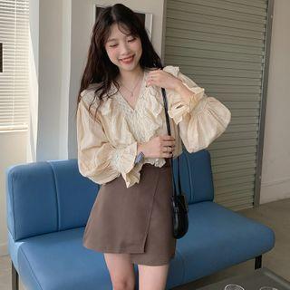 Long-sleeve Ruffled Lace Trim Blouse / Mini Pencil Skirt