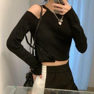 Long-sleeve Cold Shoulder Crop Top / Color Block Sweatpants