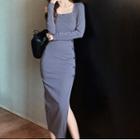 Long-sleeve Square-neck Slit Midi Sheath Dress