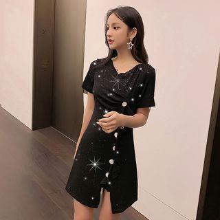 Short-sleeve Glitter Split Hem Dress