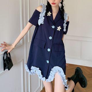Elbow-sleeve Cold-shoulder Ruffled Mini Dress