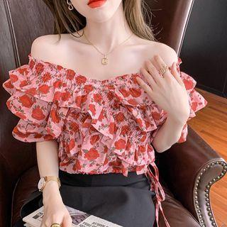 Off-shoulder Floral Print Drawstring Ruffled Blouse