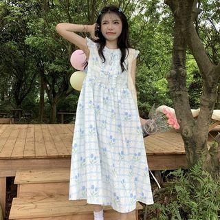Sleeveless Floral Midi A-line Dress Blue Floral - White - One Size
