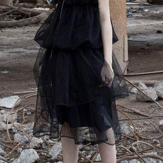 Ruffled Mesh A-line Midi Skirt