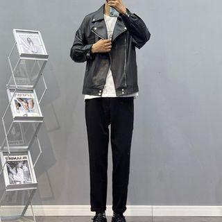 Faux-leather Biker Jacket / Short-sleeve Lettering T-shirt / Plain Slim-fit Pants
