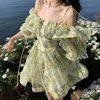 Puff-sleeve Cold-shoulder Floral Mini A-line Dress