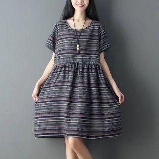 Short-sleeve Striped Striped A-line Dress