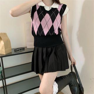 V-neck Argyle Knit Vest + Polo-neck Cropped Top + Pleated Mini Skirt