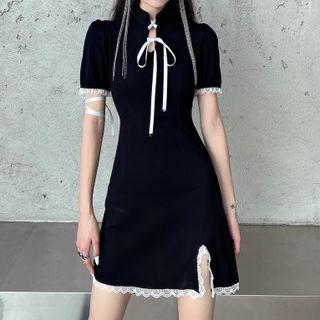 Short Sleeve Stand Collar Lace Trim Slit Mini Sheath Dress