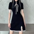 Short Sleeve Stand Collar Lace Trim Slit Mini Sheath Dress