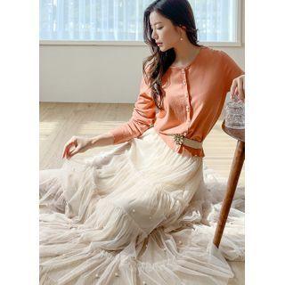 Faux-pearl Long Layered Tulle Skirt