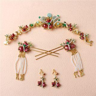 Bridal Set: Beaded Headpiece + Hair Stick + Drop Earring