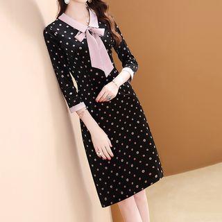 Ribbon Dotted 3/4-sleeve Sheath Dress