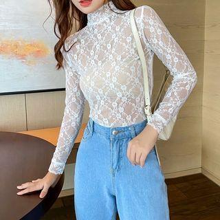 Mock Two-piece Long-sleeve Lace Top White - One Size