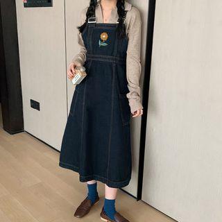 Embroidered Pinafore Dress / Knitted V-neck Sweater