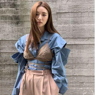 Set: Cut-out Oversize Shirt + Strappy Cropped Camisole Top Set - One Size