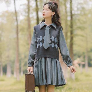 Set: Pleated Mini A-line Shirtdress + Argyle Sweater Vest