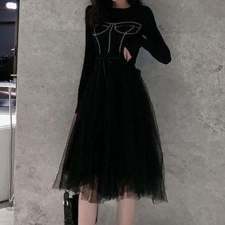 Set: Contrast Trim Long-sleeve T-shirt + Mesh Midi A-line Skirt