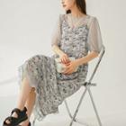 Set: Puff-sleeve Mesh Midi Smock Dress + Spaghetti Strap Printed Midi Dress