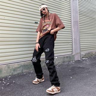 Mid Rise Paisley Print Panel Straight Leg Jeans