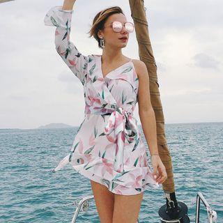 Floral Print Asymmetrical Minidress With Sash