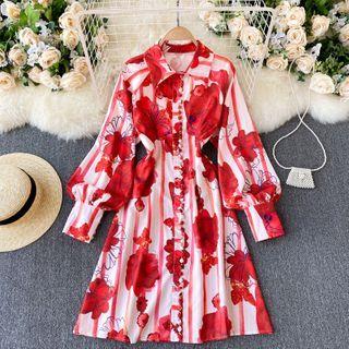 Puff-sleeve Floral Print Button-up Mini Shirtdress Red - One Size