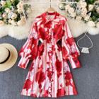 Puff-sleeve Floral Print Button-up Mini Shirtdress Red - One Size