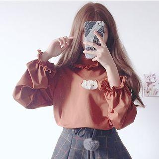 Mock Neck Embroidered Ruffle Sweater