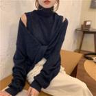 Set: Sleeveless Turtleneck Knit Top / Twist-front Sweater