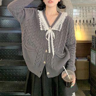 Lace Panel Pointelle Knit Cardigan / Pleated Mini Skirt