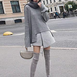 Set: Rib-knit Sweater + Paneled Mini A-line Skorts