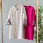3/4-sleeve Linen Embroidered Dress