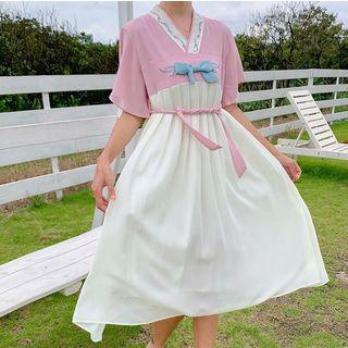 Embroidered Short-sleeve Chinese Style A-line Dress As Shown In Figure - One Size