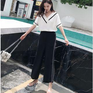 Set: Short-sleeve V-neck Top + Crop Wide Leg Pants
