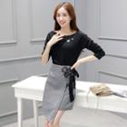 Set: Long-sleeve T-shirt + Houndstooth A-line Skirt