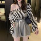 Long-sleeve Striped T-shirt / Wide-leg Sweatshorts