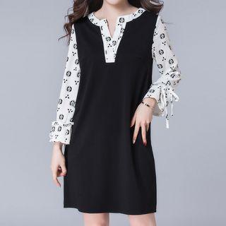 Mock Two Piece Split Neck Long Sleeve Dress