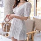 Set: Floral Eyelet Short-sleeve Cropped Blouse + Mini A-line Skirt
