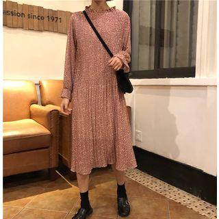 Bell Sleeve Floral Print Pleated Dress As Shown In Figure - One Size