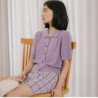 Collared Short-sleeve Cropped Knit Cardigan Purple - One Size