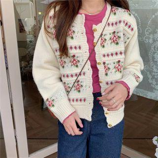 Flower Embroidered Cardigan As Figure - One Size