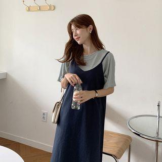 Spaghetti-strap Cotton Maxi Dress Navy Blue - One Size