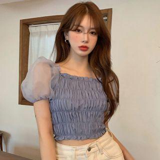 Puff-sleeve Shirred Blouse Airy Blue - One Size
