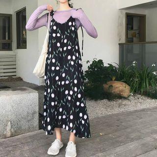 Floral Strappy Maxi A-line Dress / Long-sleeve Top