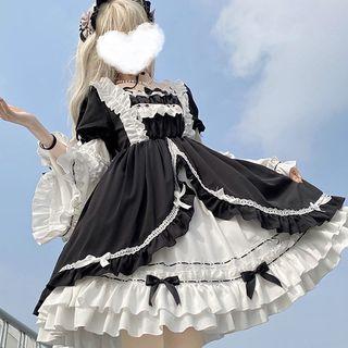 Flared-sleeve Ruffle Bow Detail A-line Dress / Headpiece / Faux Pearl Necklace / Set